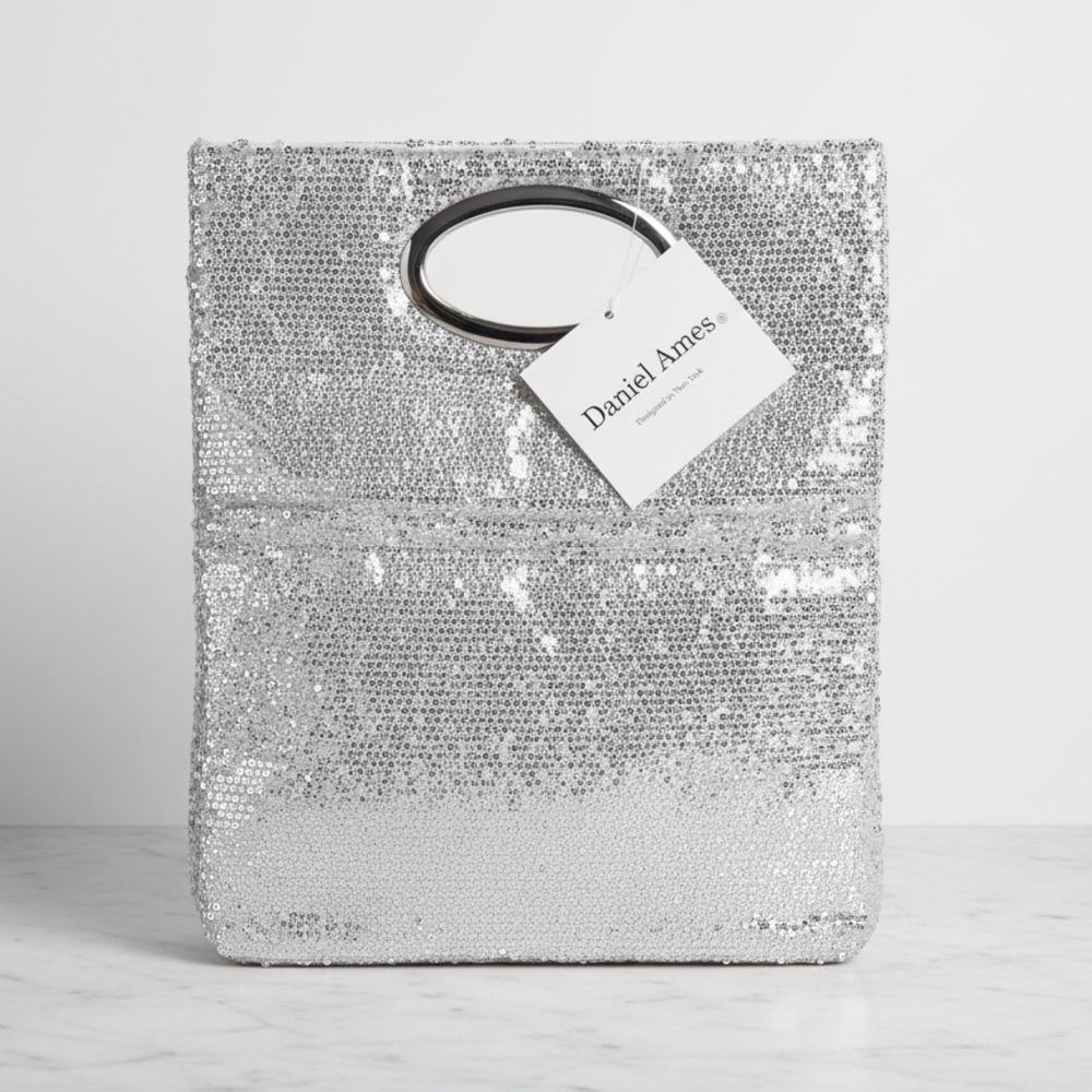 Daniel Ames Silver Sequin Handbag Tote Ring Handle Evening Bag NWT Sparkly